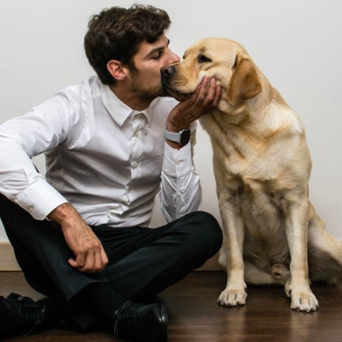 Imagen de un chico dando un beso en el lateral del hocico de su perro como muestra de cariño. Ambos están sentados en el suelo y el perro se muestra relajado, en confianza con su dueño.